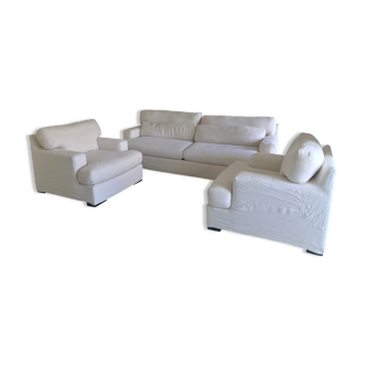 4-seater sofa, 2 armchairs and 2 fabric tables