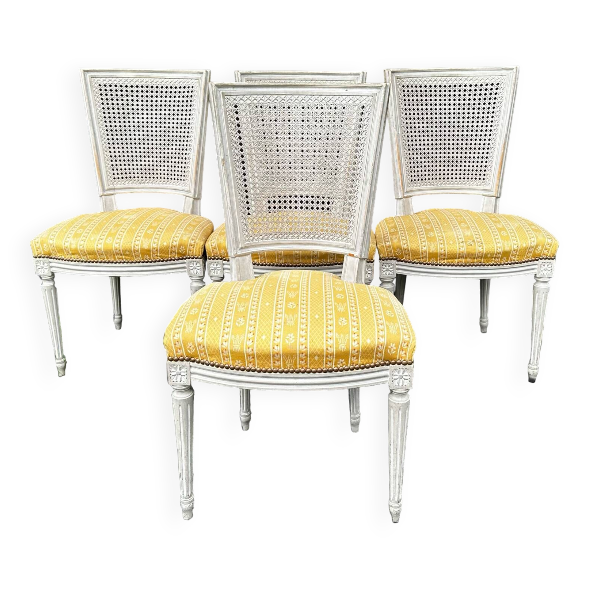 4 Louis XVI chairs - Pierre Frey fabric seat - cane back