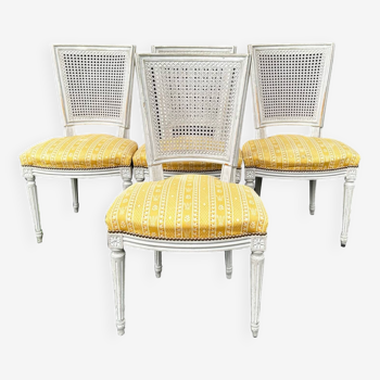 4 Louis XVI chairs - Pierre Frey fabric seat - cane back