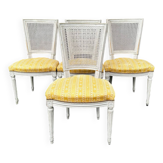 4 Louis XVI chairs - Pierre Frey fabric seat - cane back