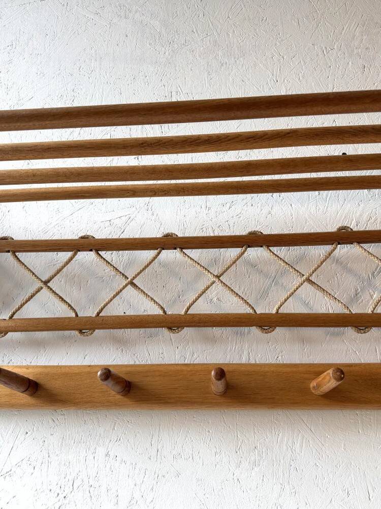 Vintage oak wall coat rack with braided cord 1960s