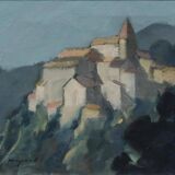 Mid Century Swedish Oil on Canvas “Village Motif” by Bengt Hillgrund