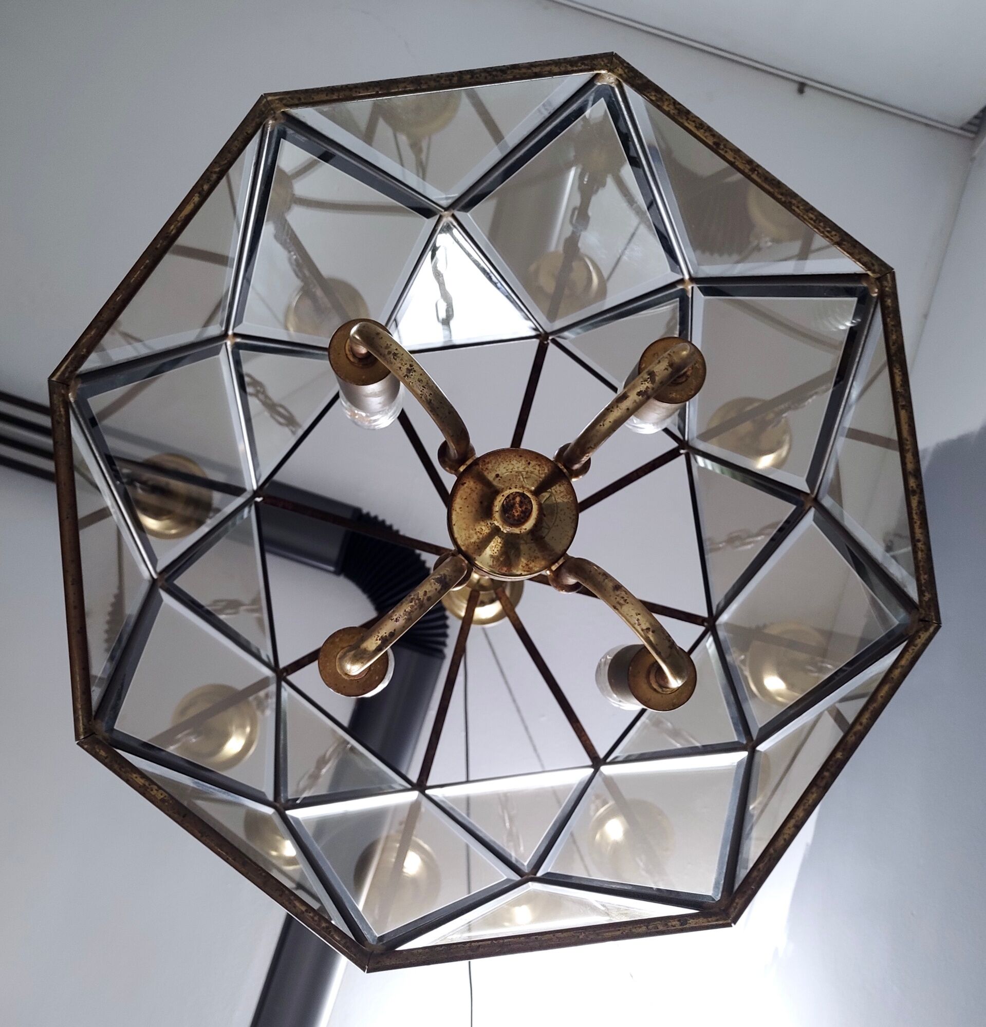 Vintage handmande octagonal glass and brass pendant lantern, Italy