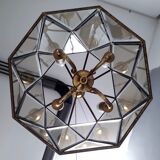 Vintage handmande octagonal glass and brass pendant lantern, Italy