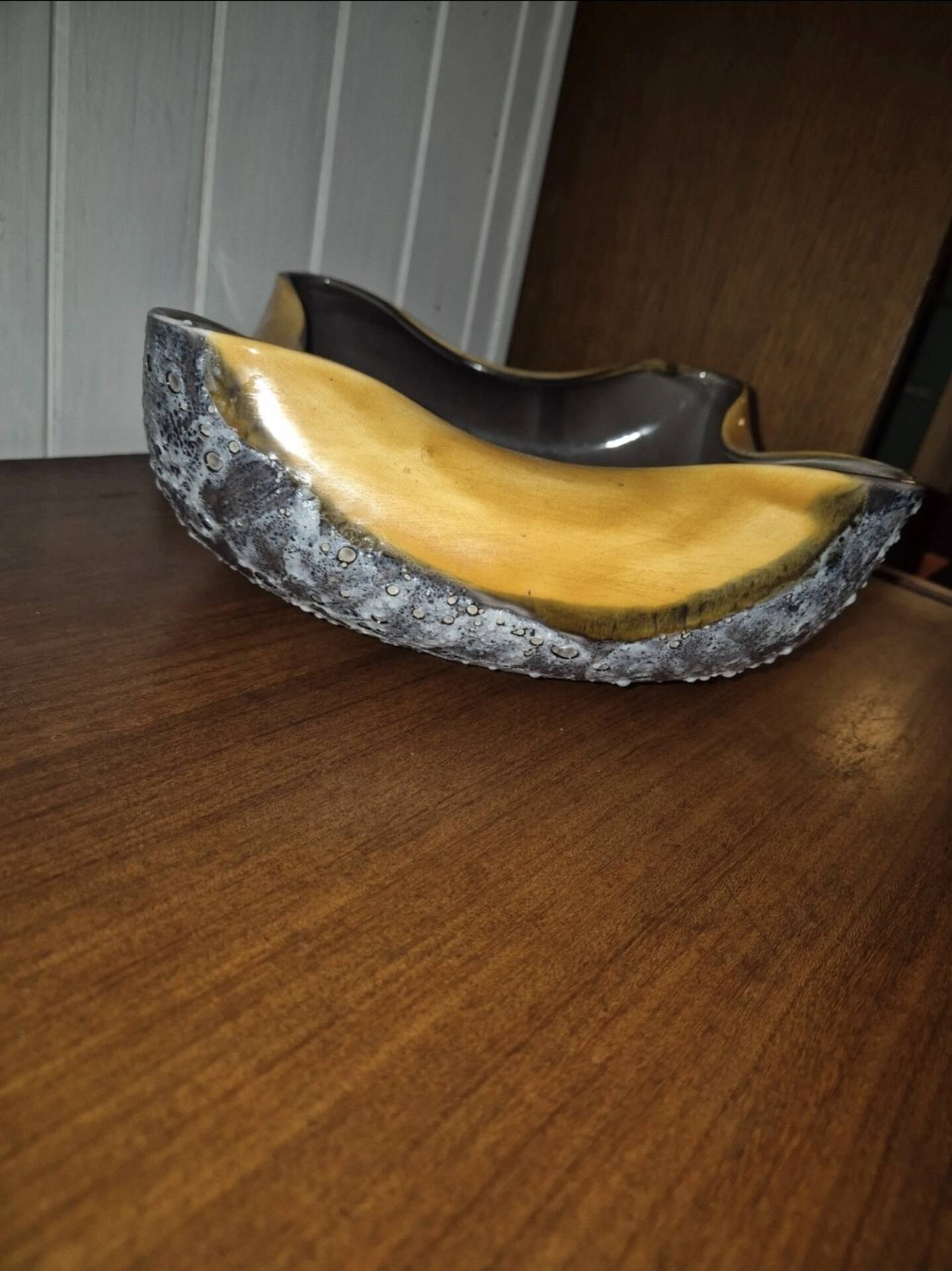 Fruit dish 1960 ceramic Vallauris yellow and grey sea foam
