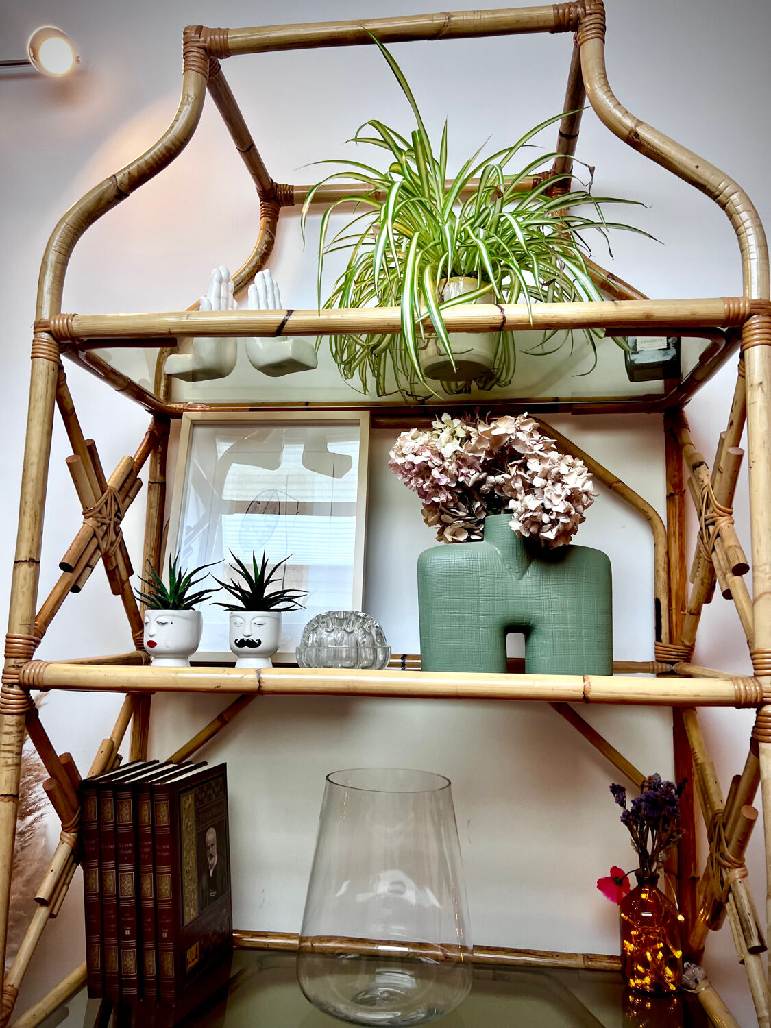 Rattan and glass shelf
