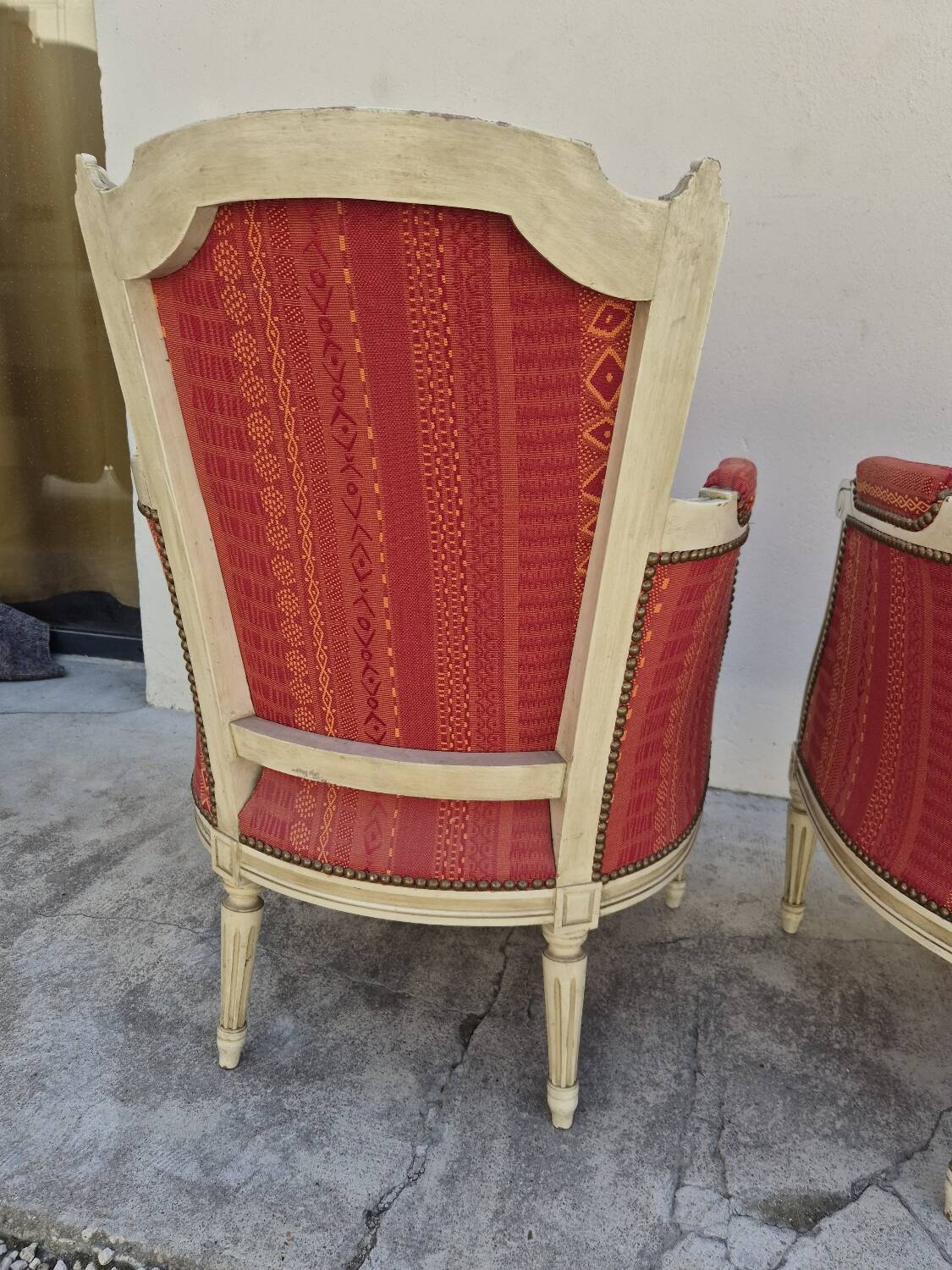 Pair of Louis XVI style bergère armchairs, antique.