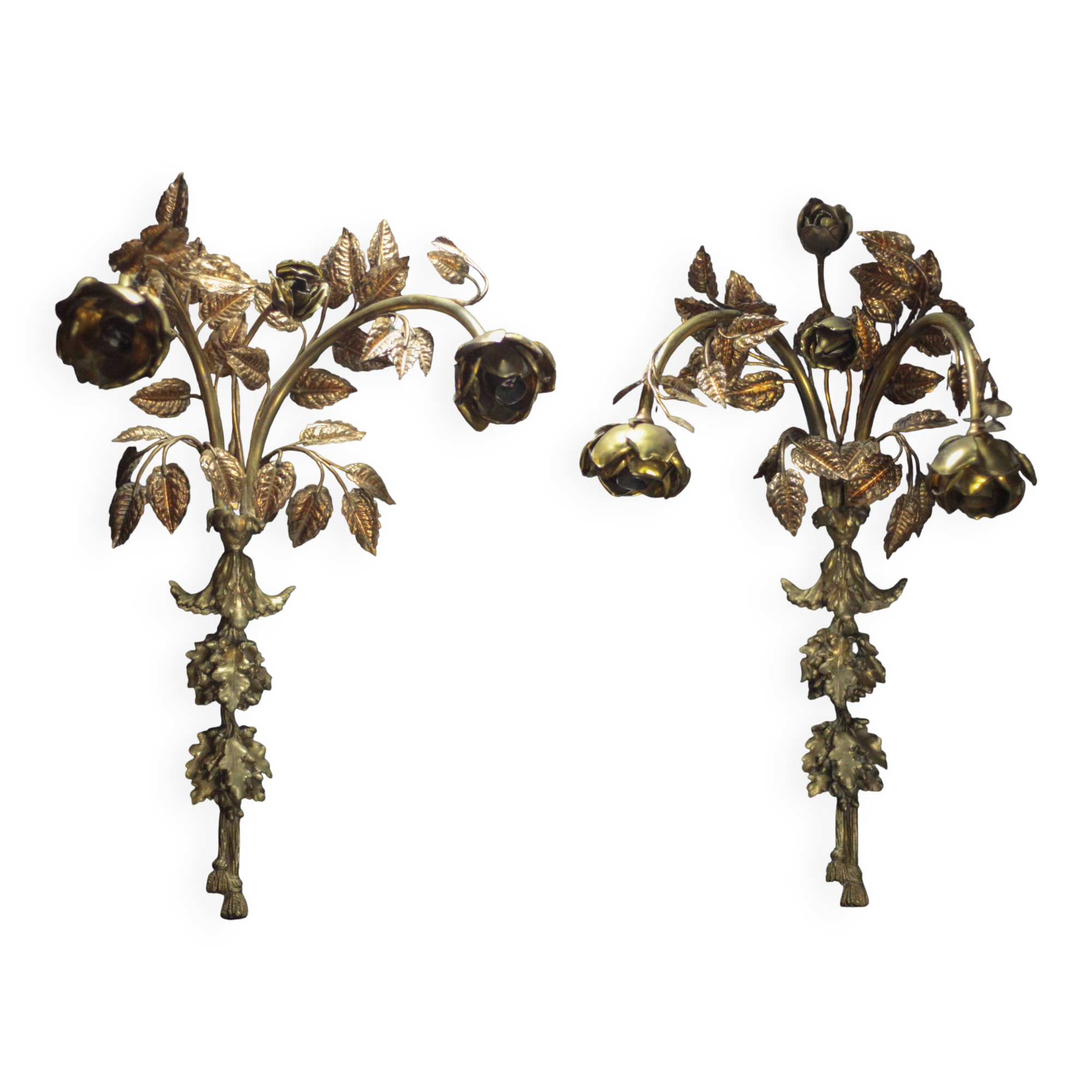 Pair of bronze and gold metal floral wall sconces, flower wall lamp.
