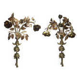 Paire d'appliques bronze et métal doré florales, lampe mural fleurs