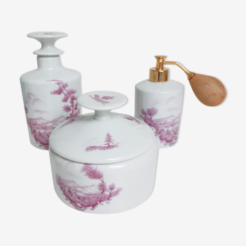 Parure de toilette en porcelaine de Limoges style toile de Jouy rose vintage français