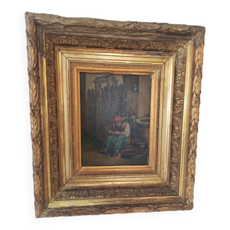 Huile sur bois Le mangeur de moules à la manière du peintre flamand Teniers
