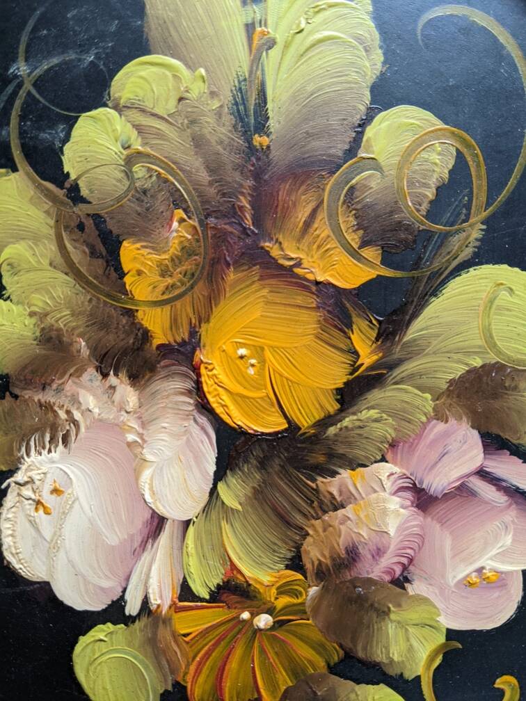 Tableau ancien cadre ovale nature morte fleurs campagne acrylique sur bois