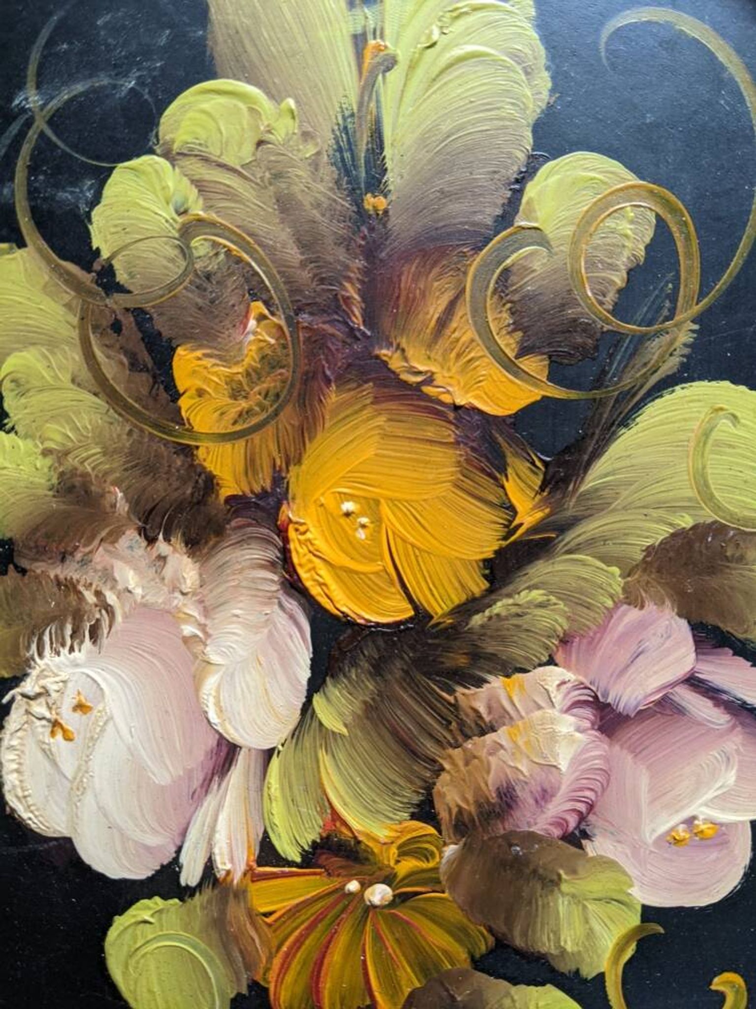 Antique painting oval frame still life countryside flowers acrylic on wood