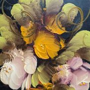 Antique painting oval frame still life countryside flowers acrylic on wood