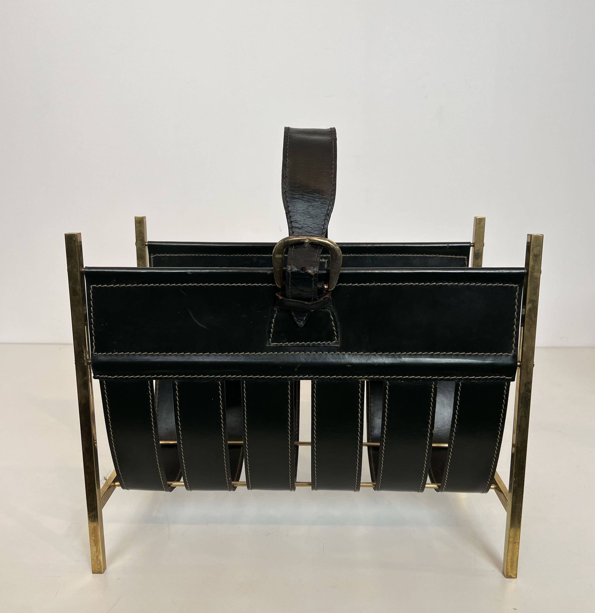 Black Leather Quilted Magazine Holder with Brass Loop Handle. Work