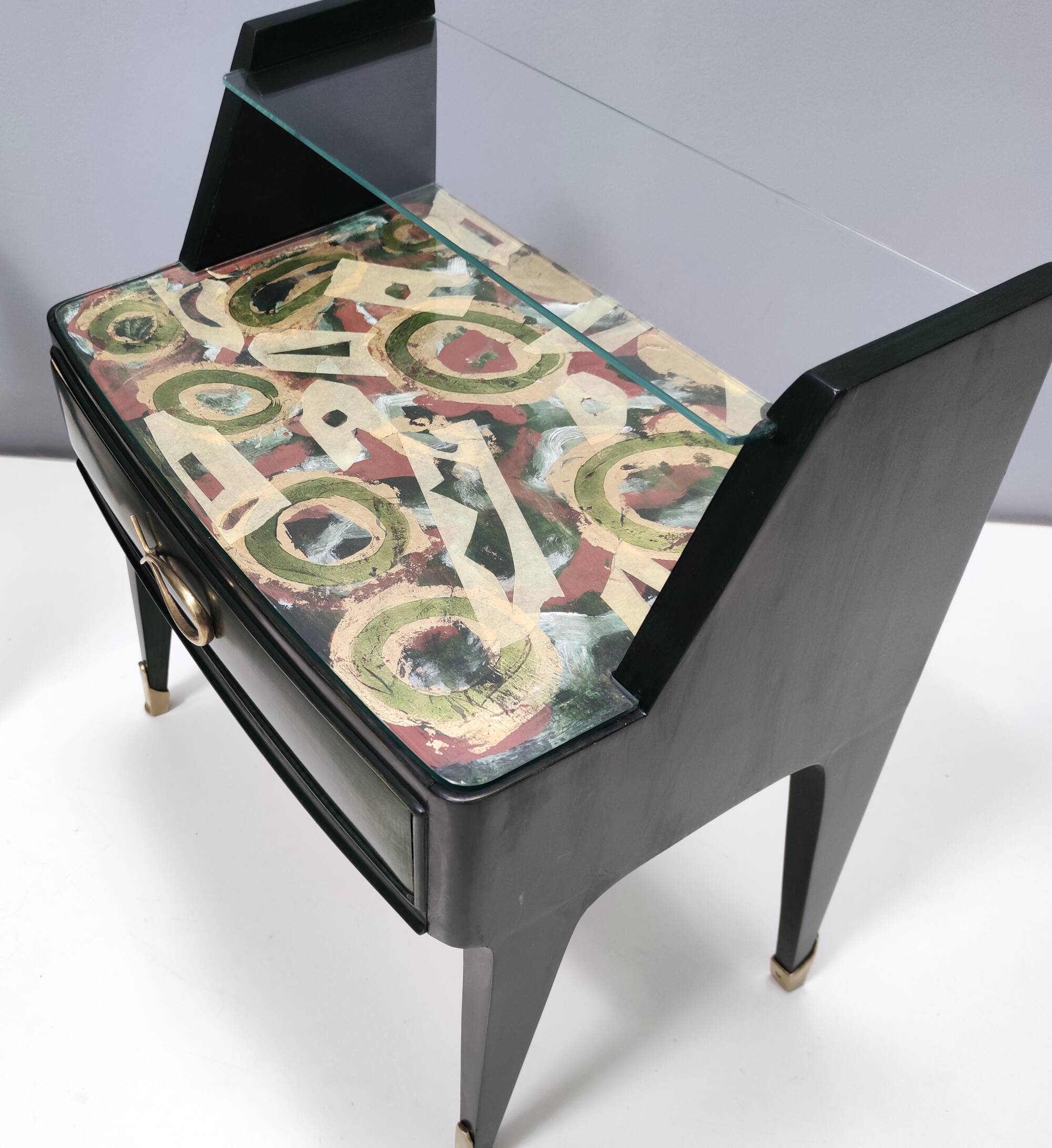 Pair of Dark Green Wooden Nightstands in 1950s Style with a Decorated Top,