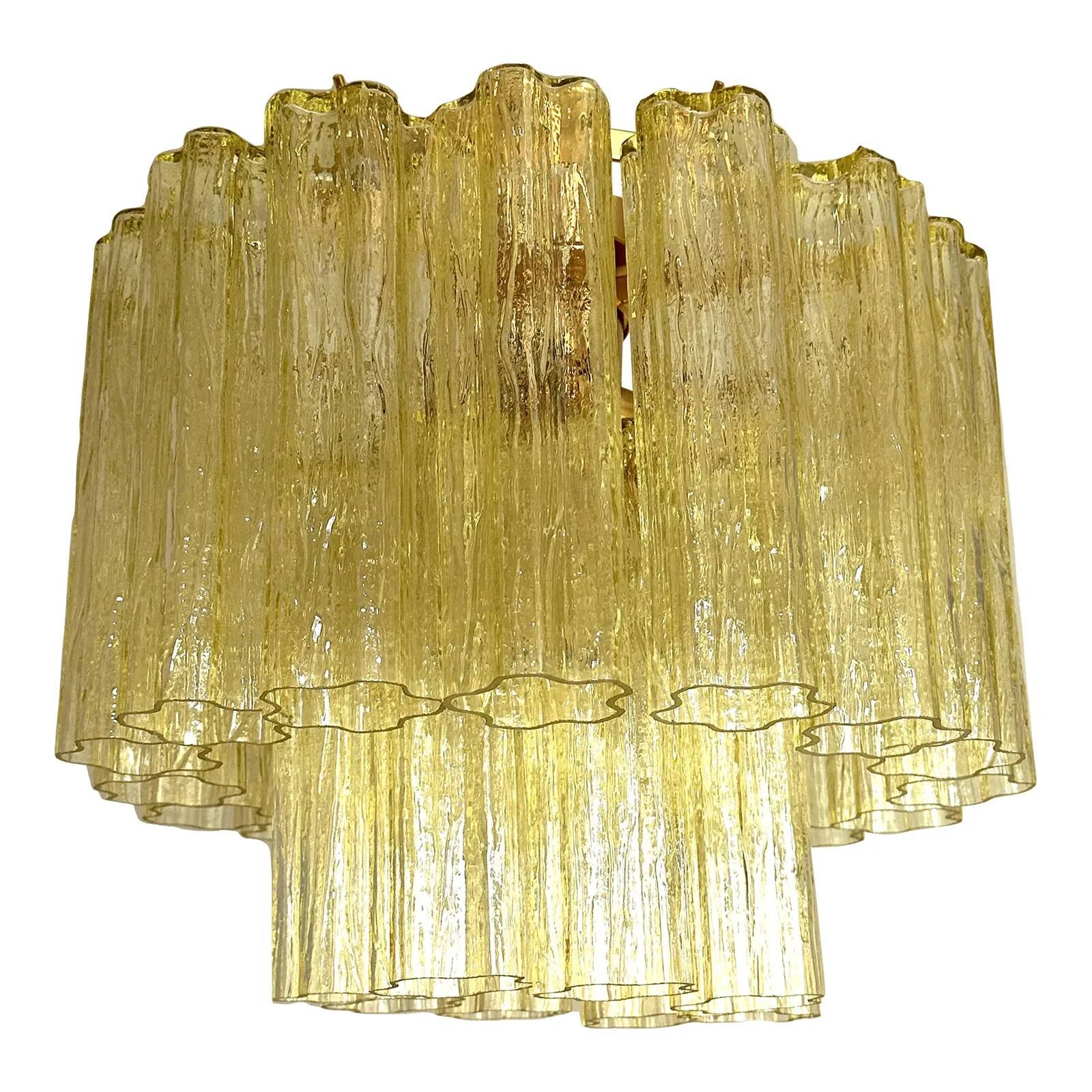 Handcrafted Contemporary Flush Mount in Gold with Amber Murano Glass