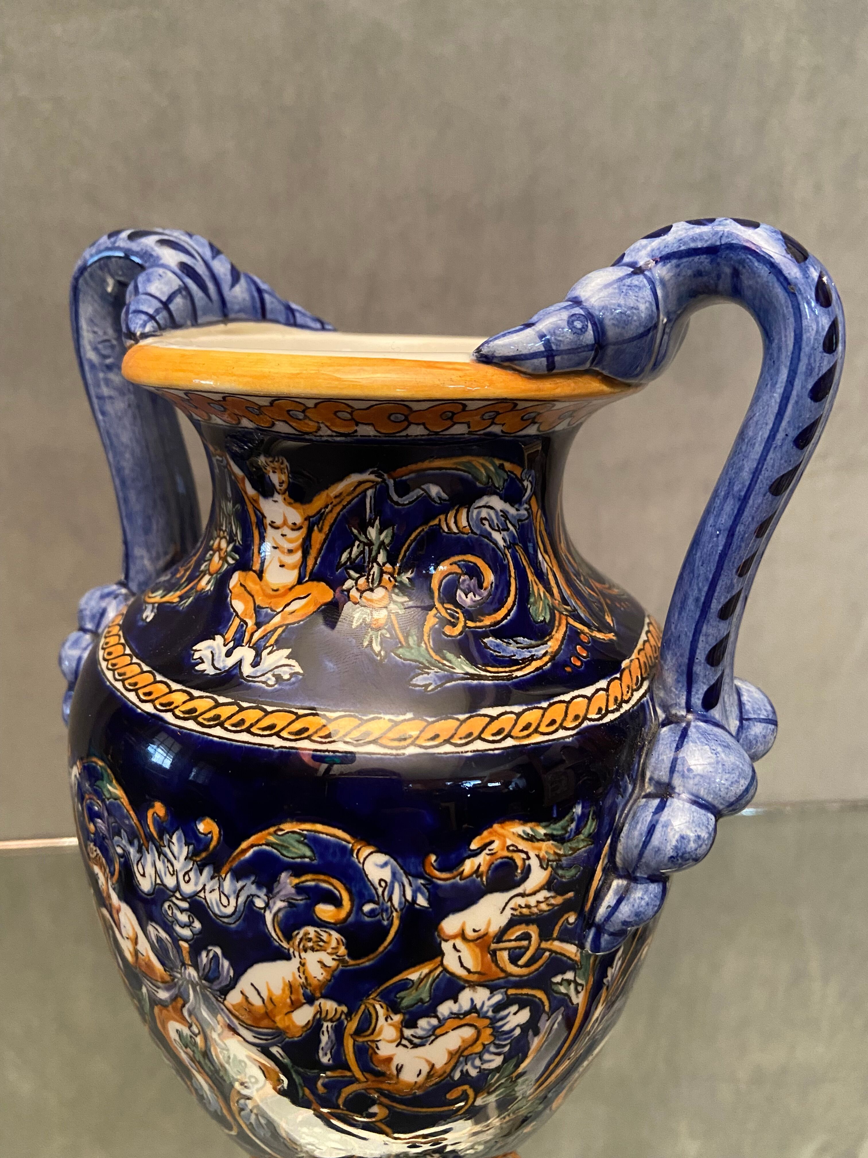 Vase on pedestal with handles in earthenware Gien Italian Renaissance decoration