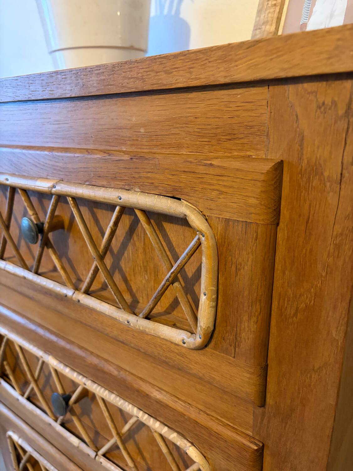 Vintage oak and rattan chest of drawers