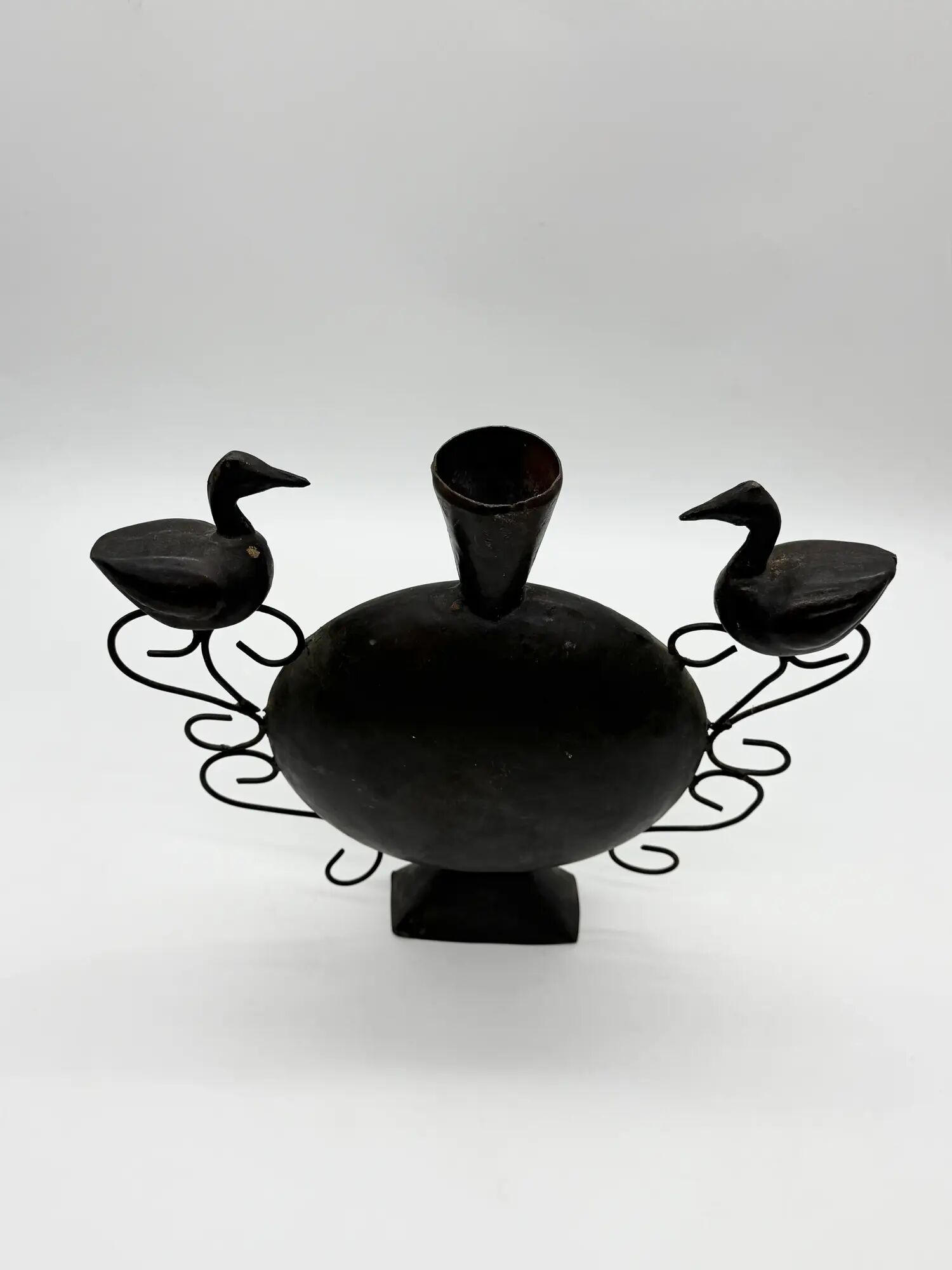 Vase with birds in forged metal, handcrafted, 1960s