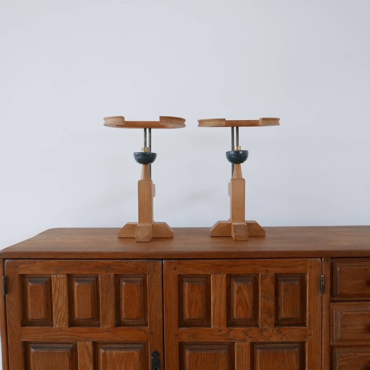 Guillerme et Chambron Oak and Ceramic Mid-Century French Table Lamps (3 Available)