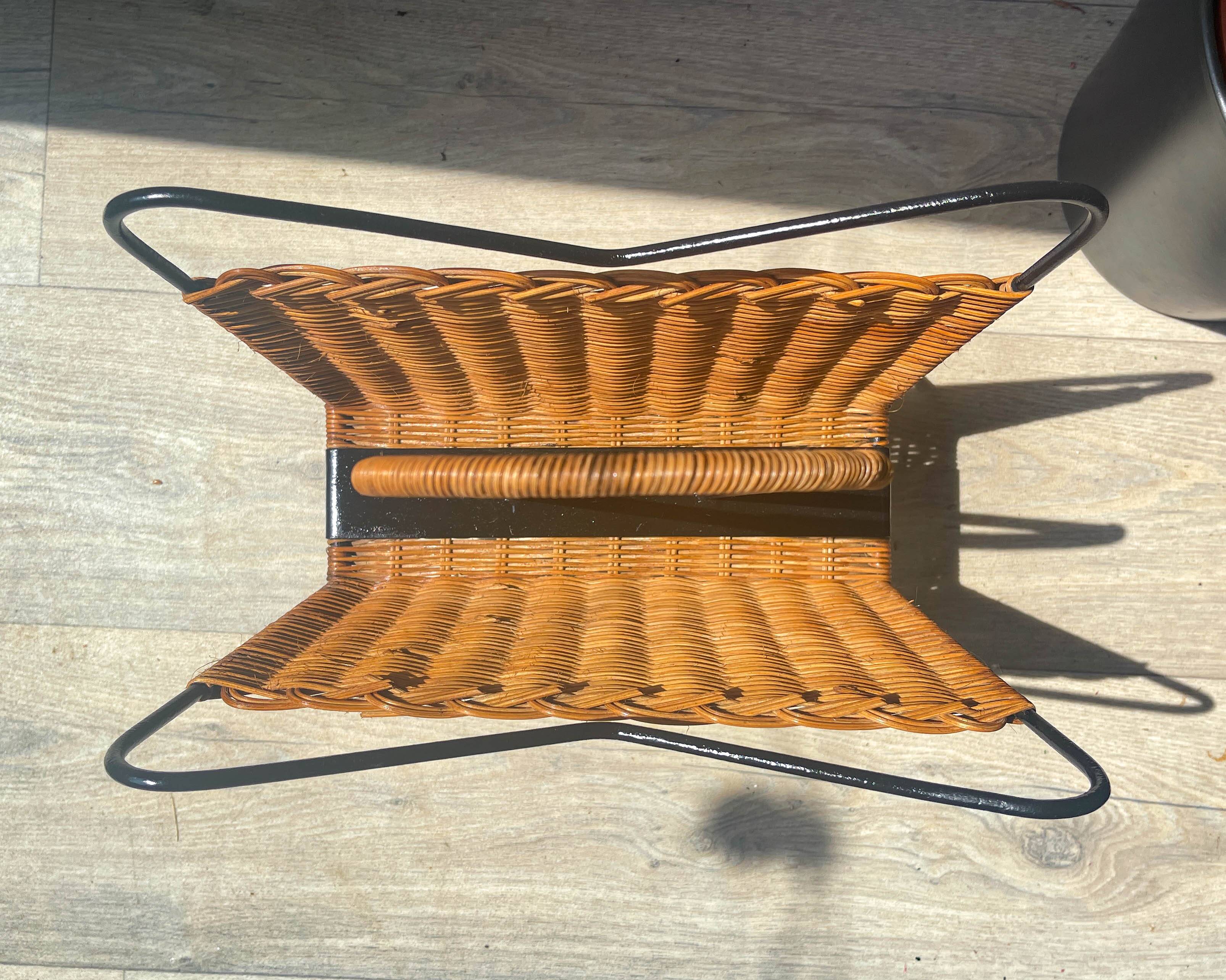 Vintage wicker and metal magazine rack 1970