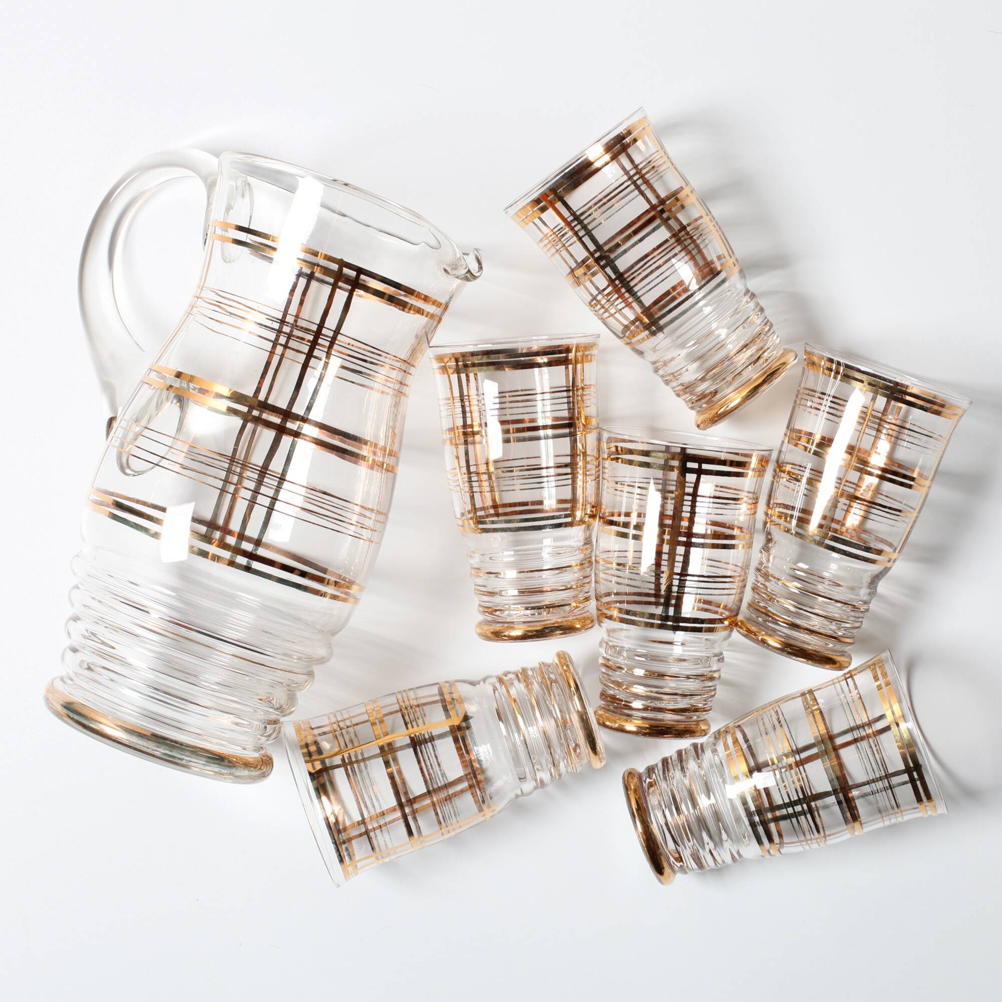 Mid-Century Italian Glass Pitcher & Six Glasses with Golden Details / Italy