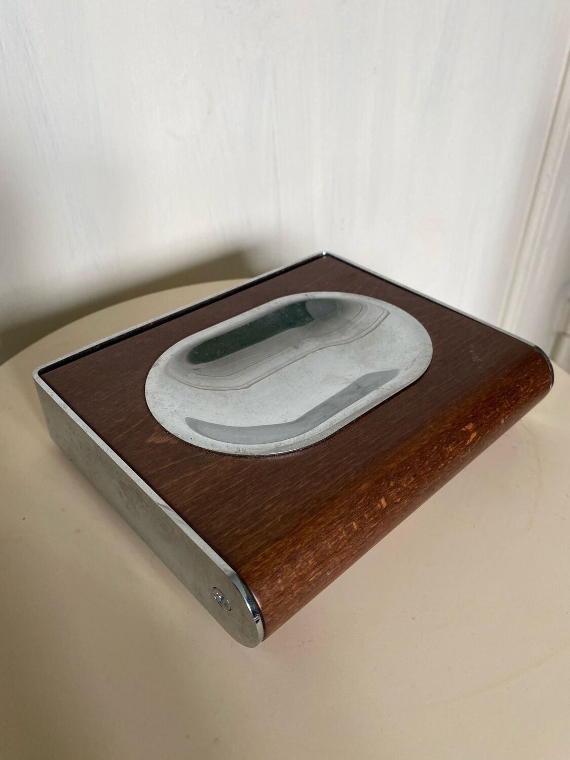 Wall soap holder design chrome and walnut wood
