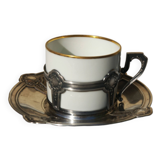 Tasse Porcelaine monture métal argenté Gallia