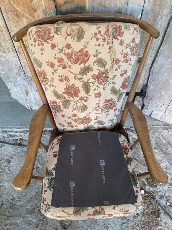 Fauteuil éventail ancien baumann bois + coussins vintage #d877