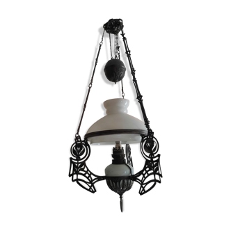 Old white opaline suspension and bronze art deco style