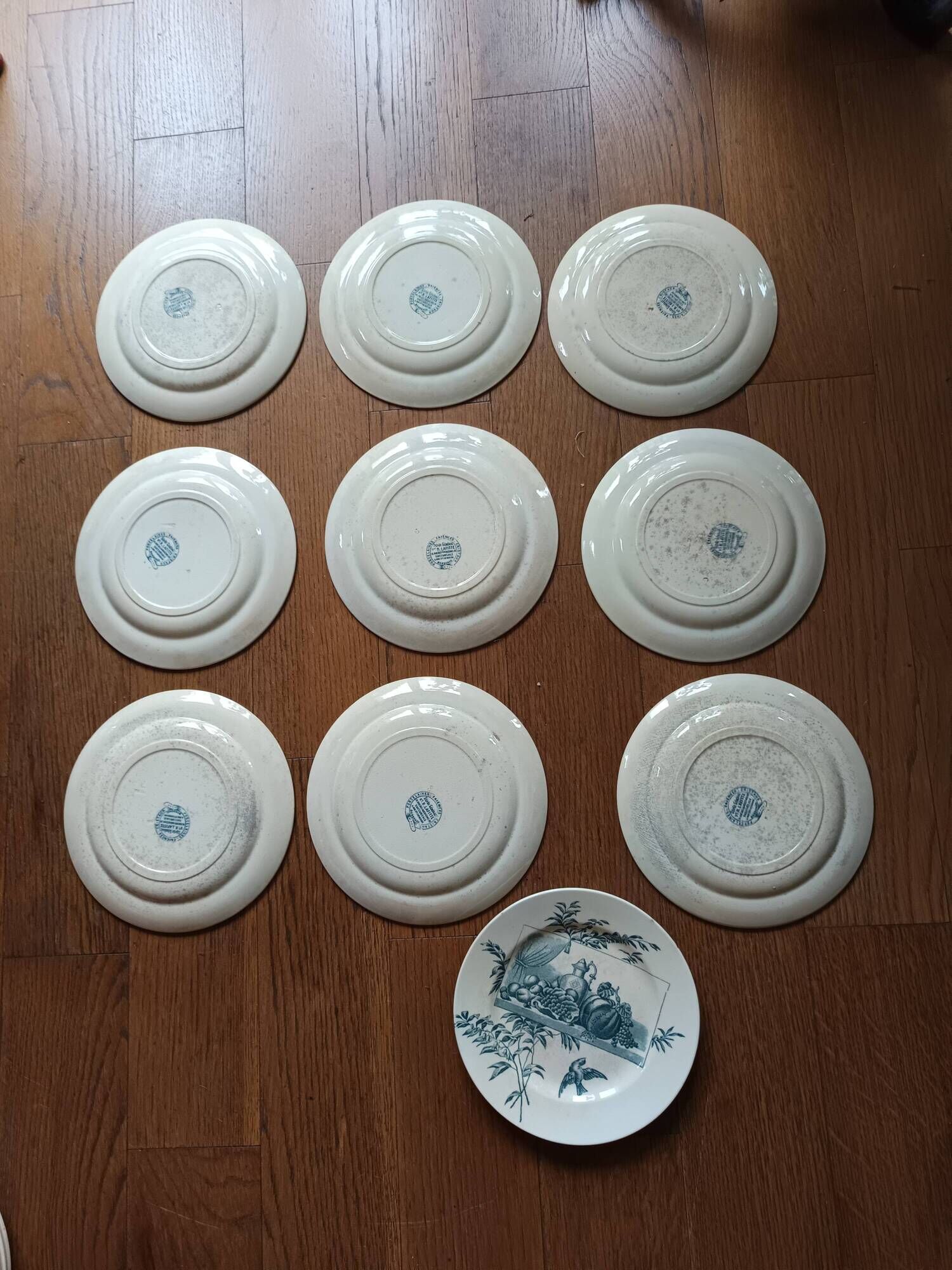 set of 10 antique earthenware plates with blue decoration from Bordeaux