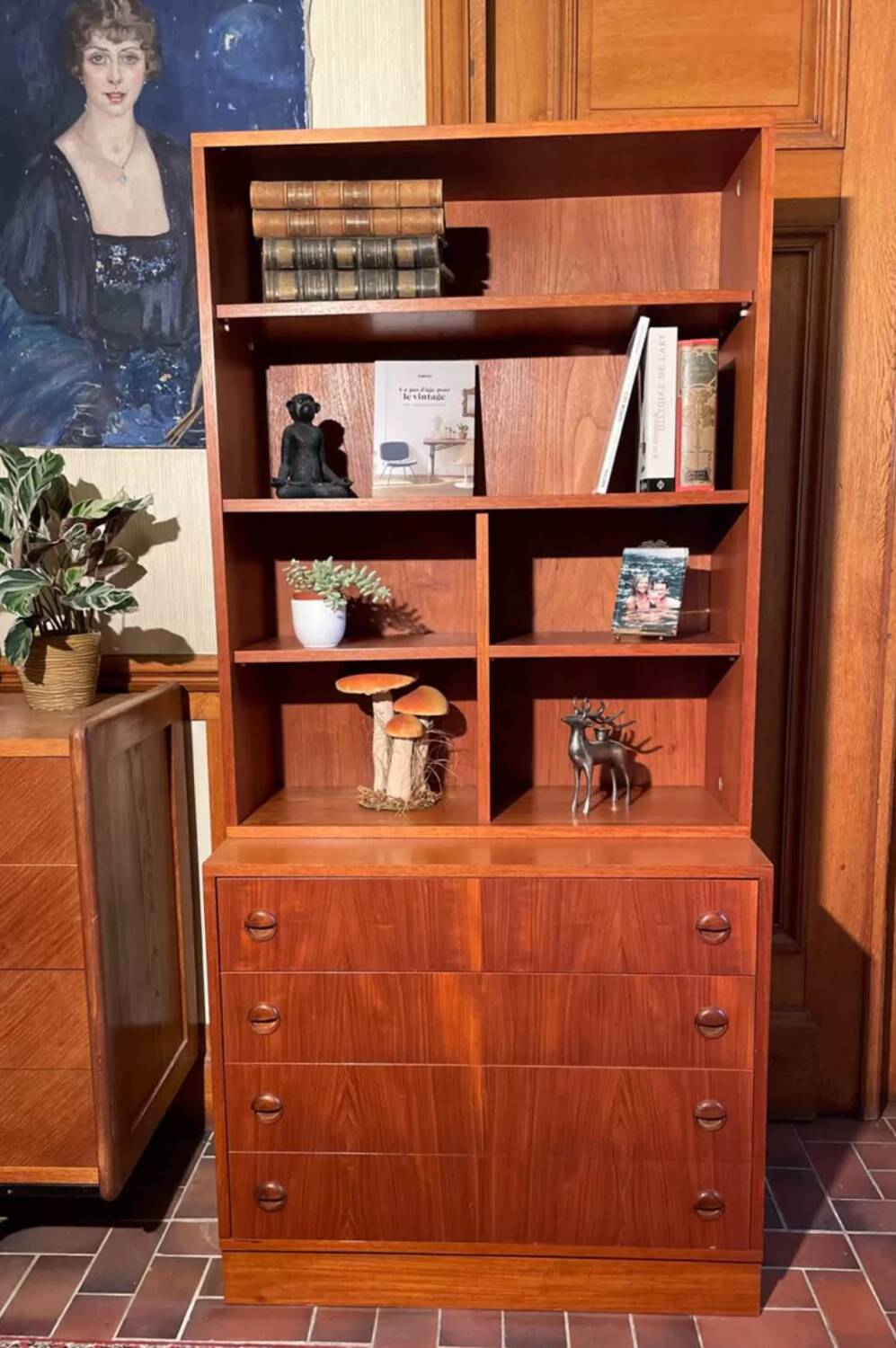 Vintage teak bookcase chest of drawers