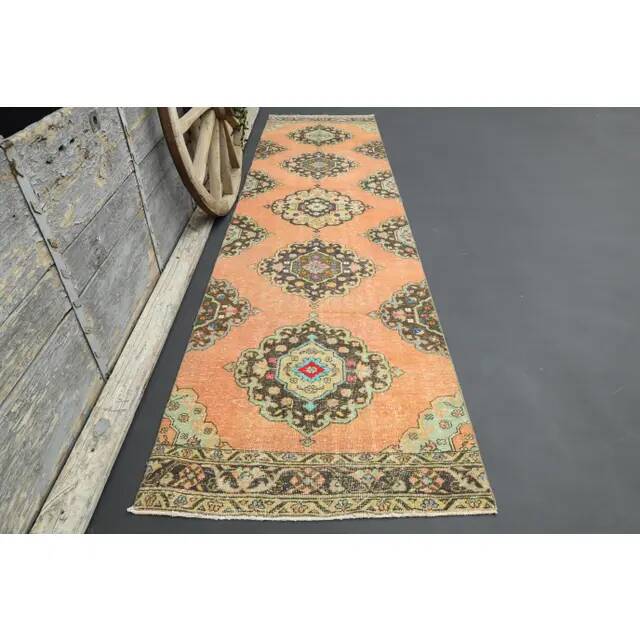 1970s Turkish Oushak Handmade Wool Cotton Orange Runner 98x378