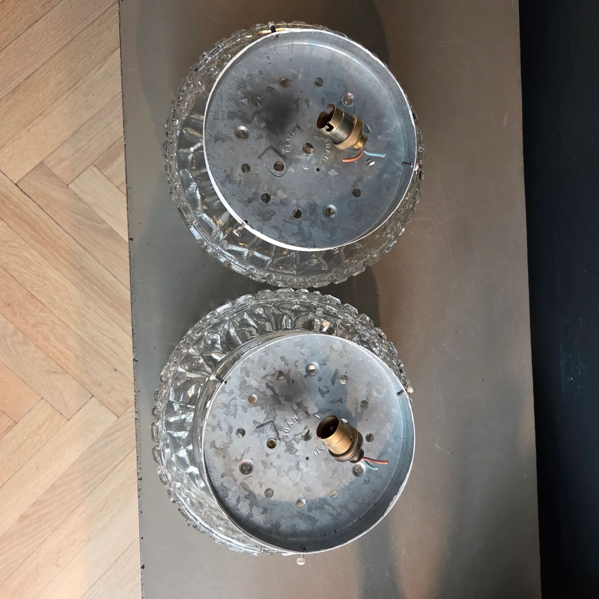 Pair of ceiling lights or moulded glass wall lights.