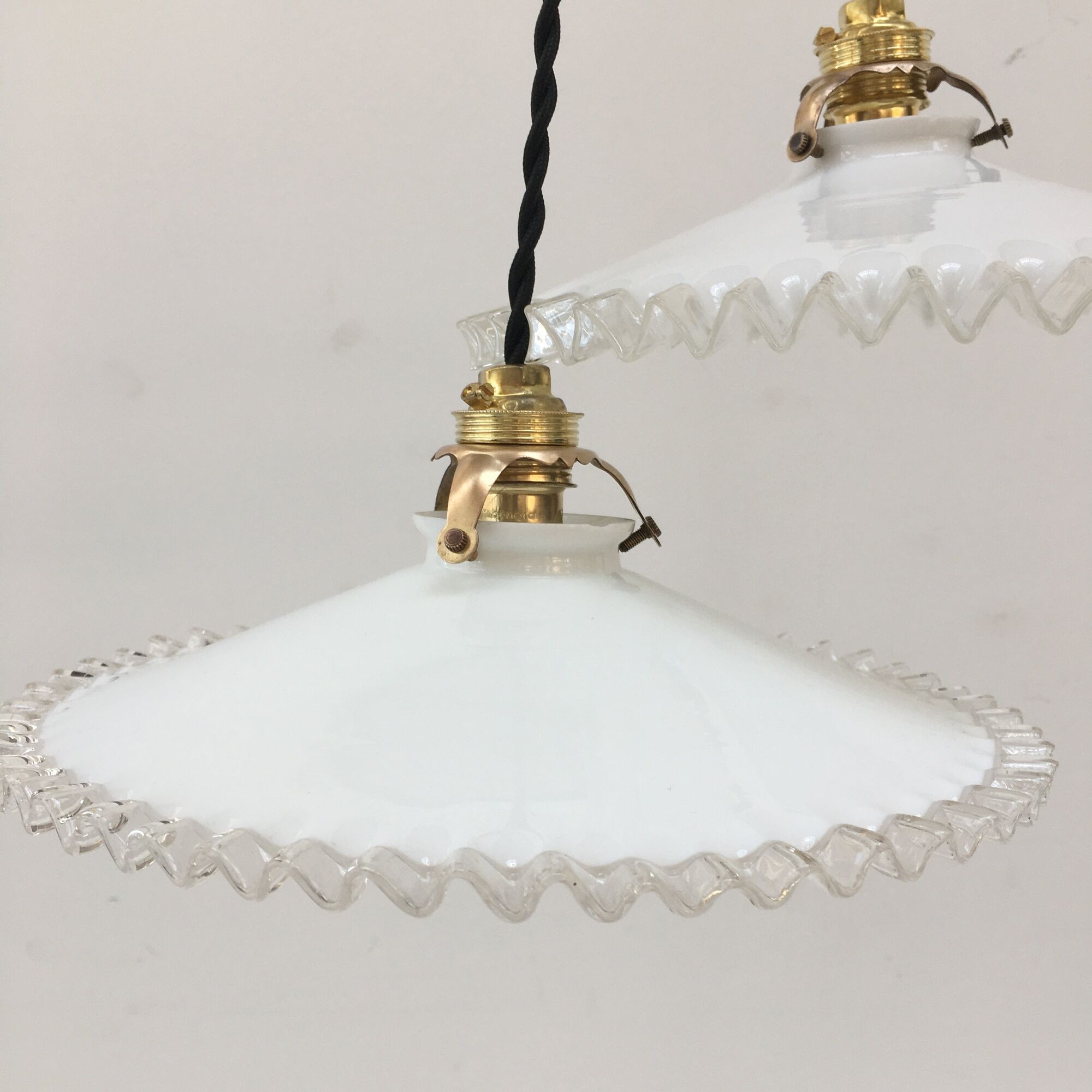 Pairs of vintage suspensions in white opaline with serrated edges