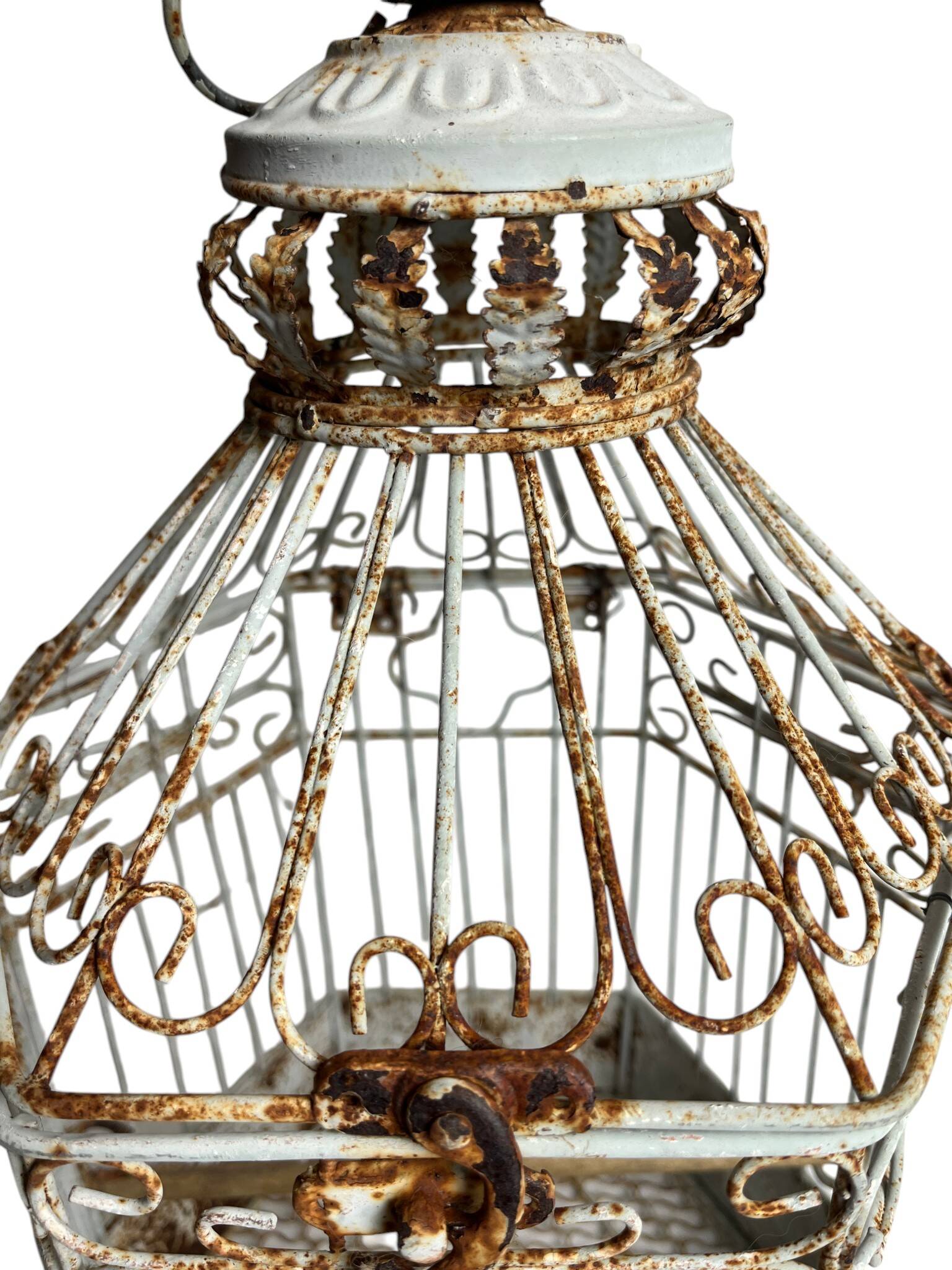 Vintage hexagonal metal birdcage from around 1940.