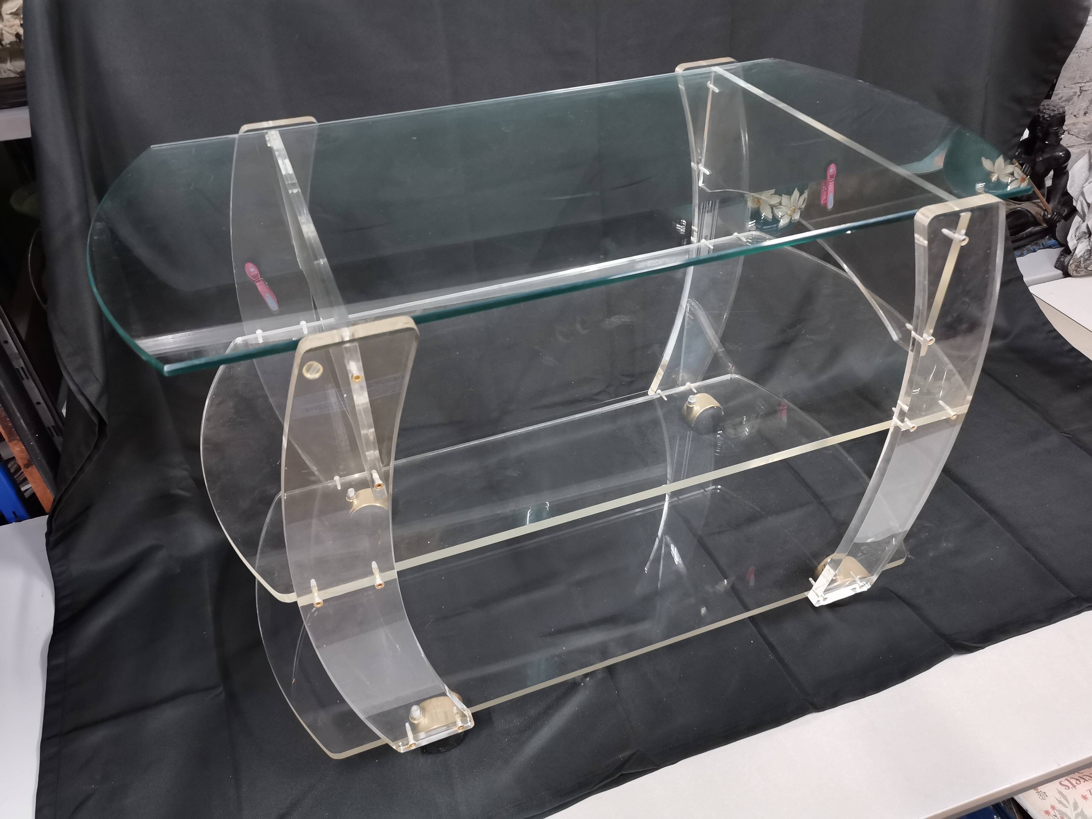 Vintage plexiglass trolley, david lange table on wheels