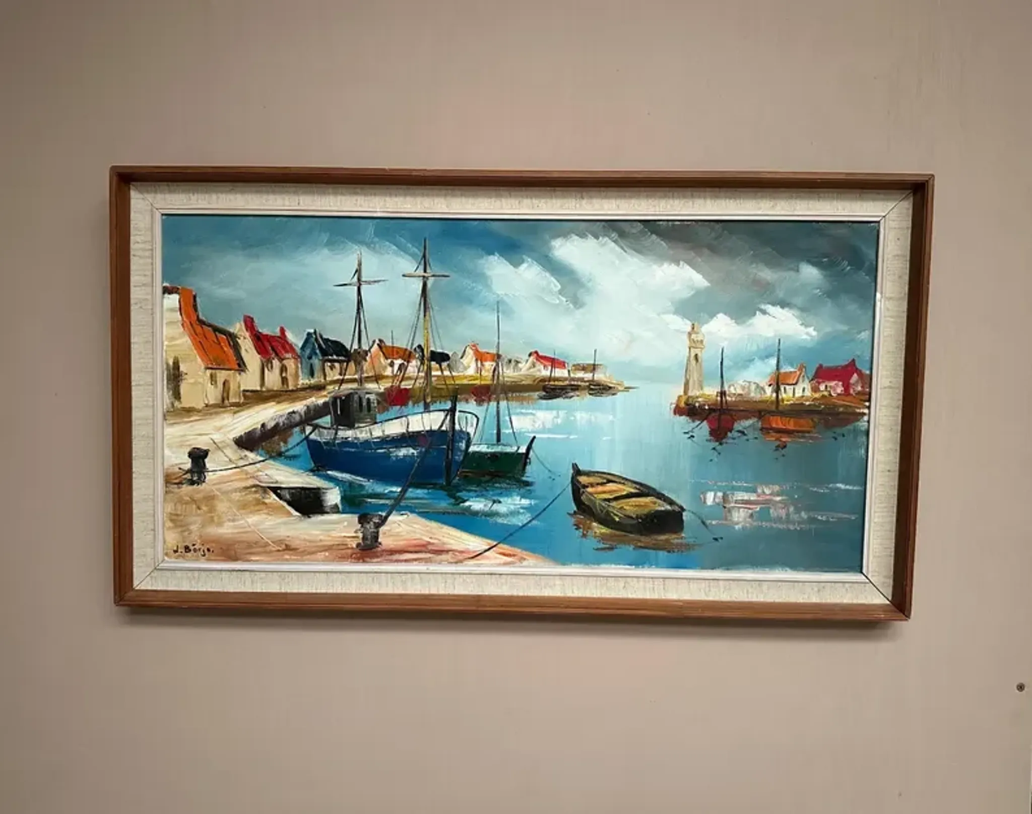 Original Swedish Oil on Canvas – “Boats” by Lennart Börje – Signed – Vintage & Framed 88.5 cm x 48.5 cm (34.8" × 19")