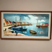 Original Swedish Oil on Canvas – “Boats” by Lennart Börje – Signed – Vintage & Framed 88.5 cm x 48.5 cm (34.8" × 19")