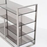 Vintage TV or HiFi cabinet. Brushed stainless steel and smoked glass. France, 1970s