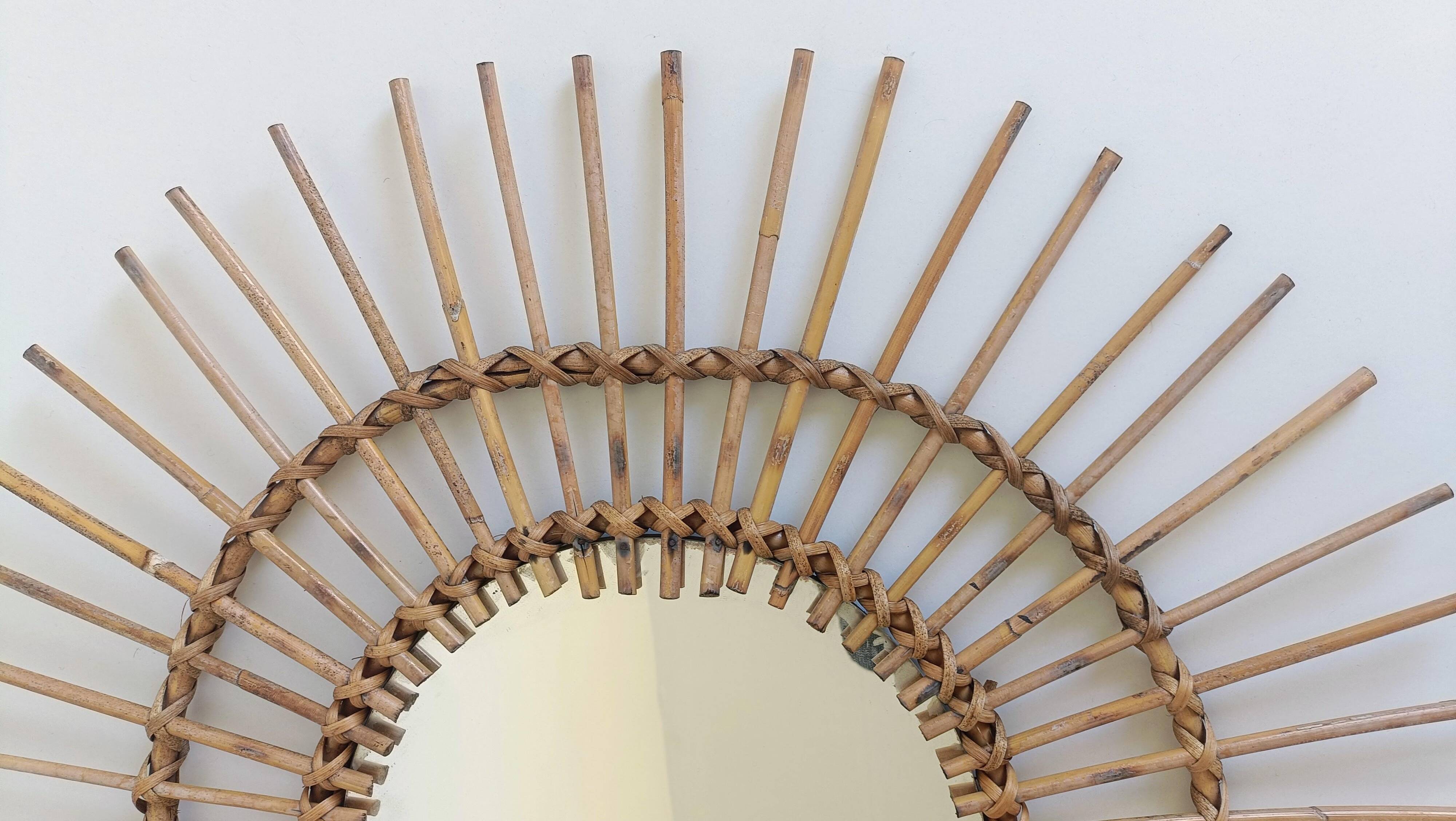 Mid Century Organic Modern Bamboo & Rattan Sunburst Patinated Mirror, 1960s