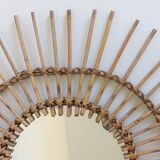 Mid Century Organic Modern Bamboo & Rattan Sunburst Patinated Mirror, 1960s