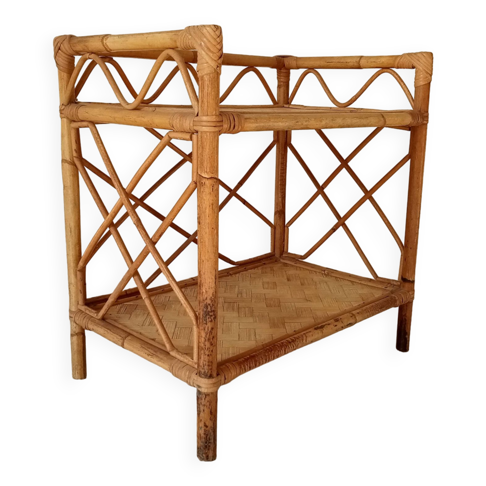 Bamboo and rattan shelf side table by Audoux and Minnet 1950s