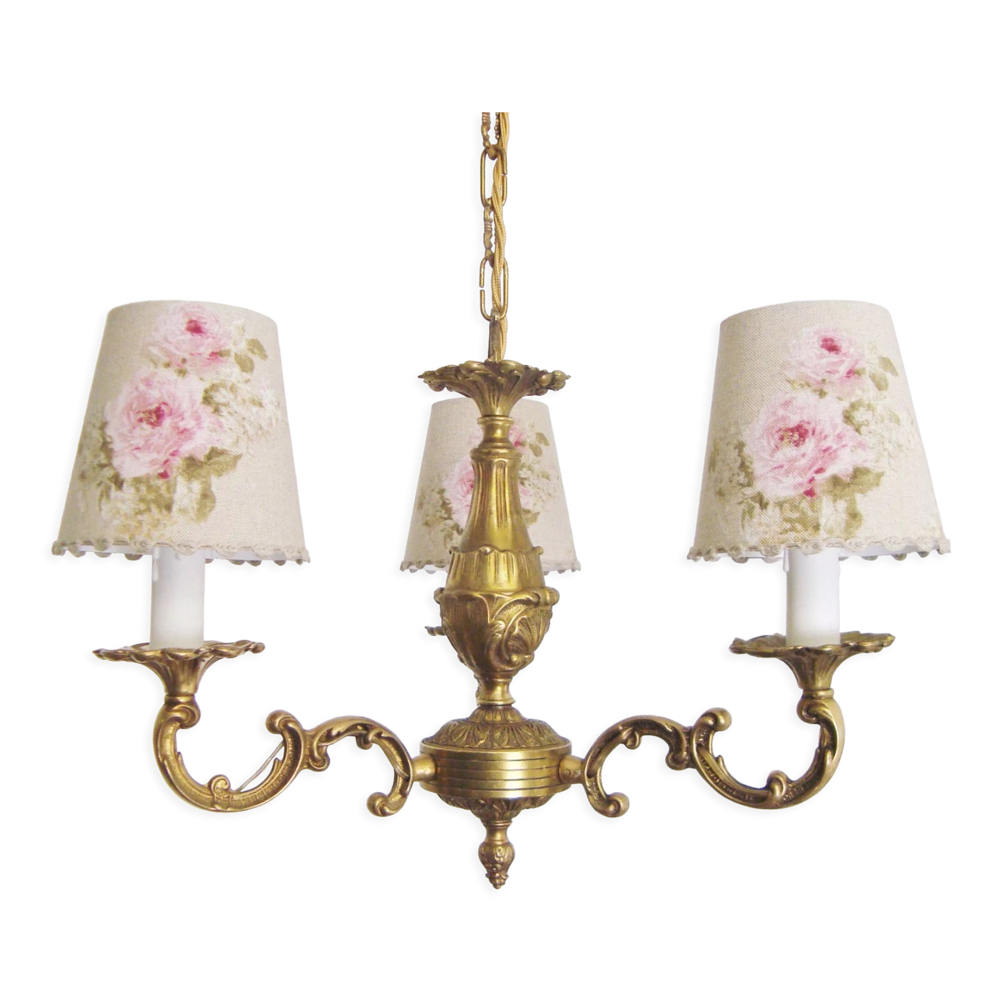 Lustre vintage avec trois abat-jours fait main en tissu