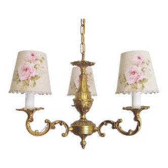 Lustre vintage avec trois abat-jours fait main en tissu
