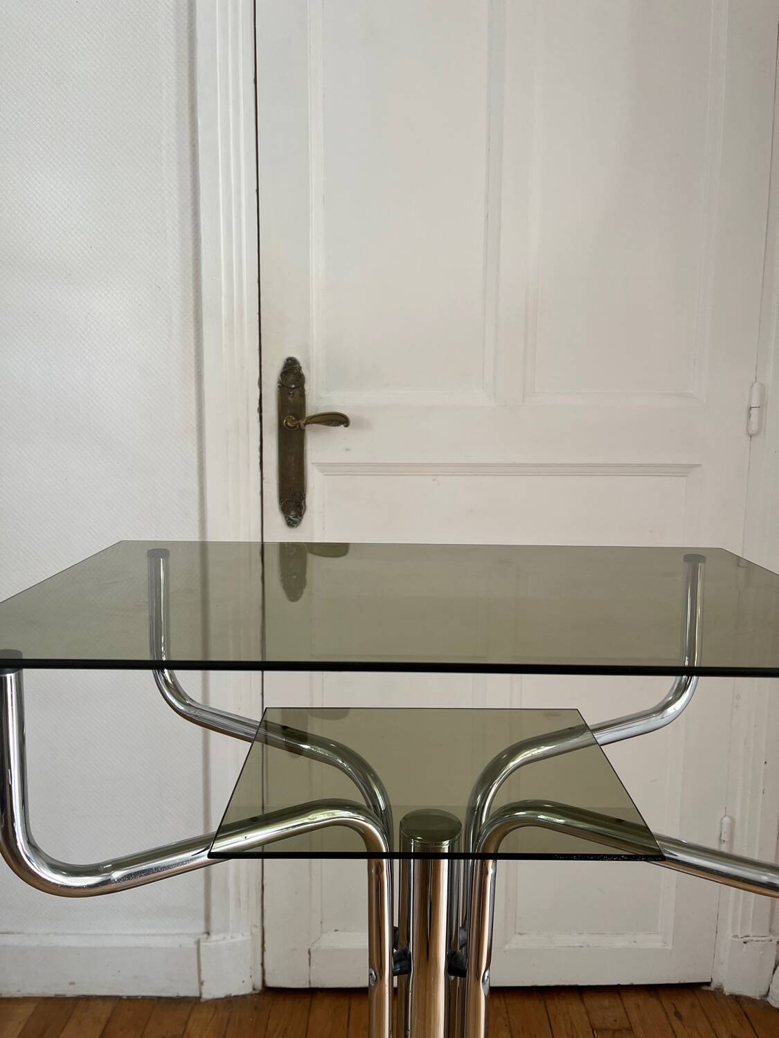 Console, guéridon en métal, marbre et verre fumé, 1980