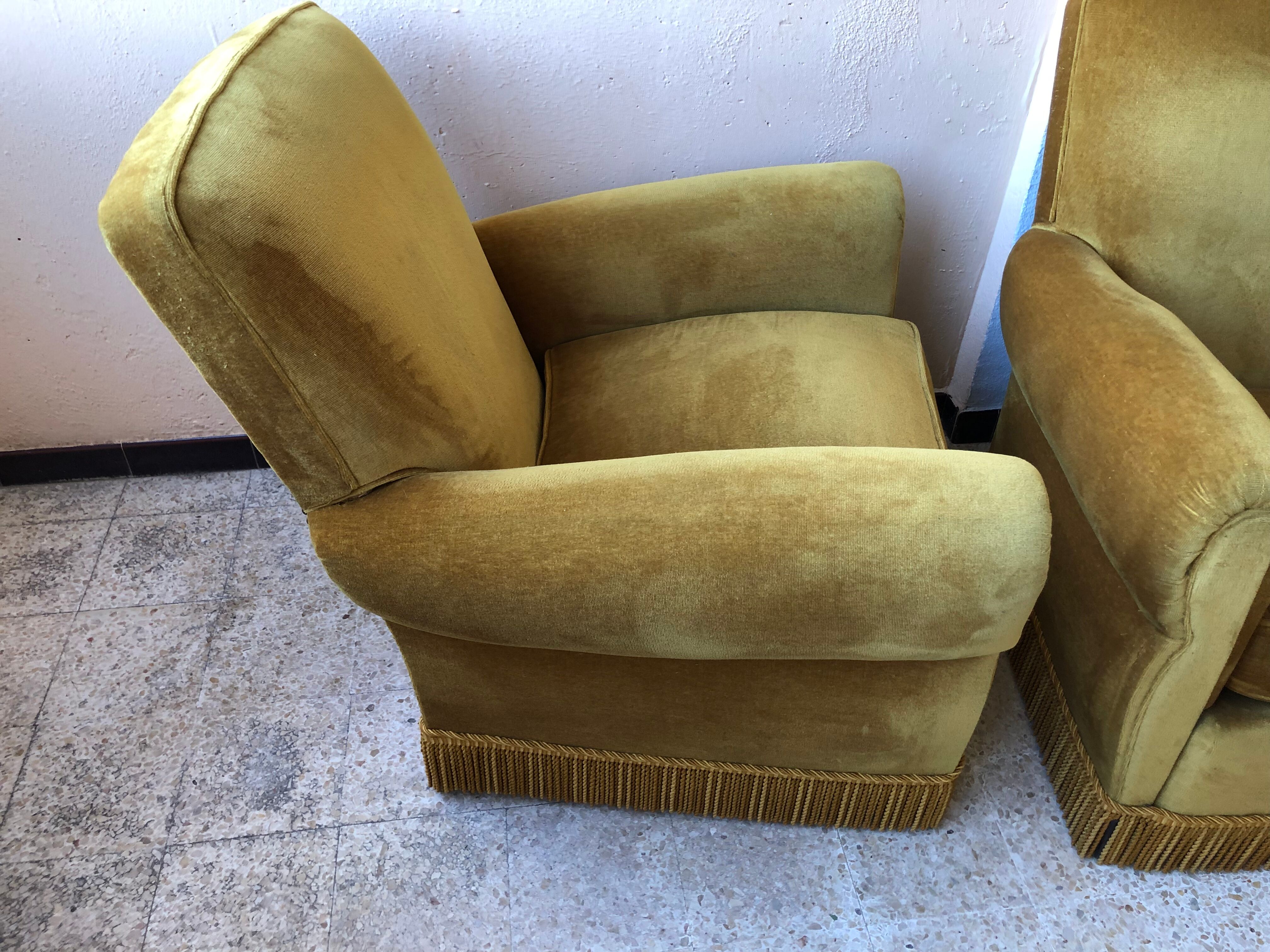 Pair of vintage yellow velvet armchairs