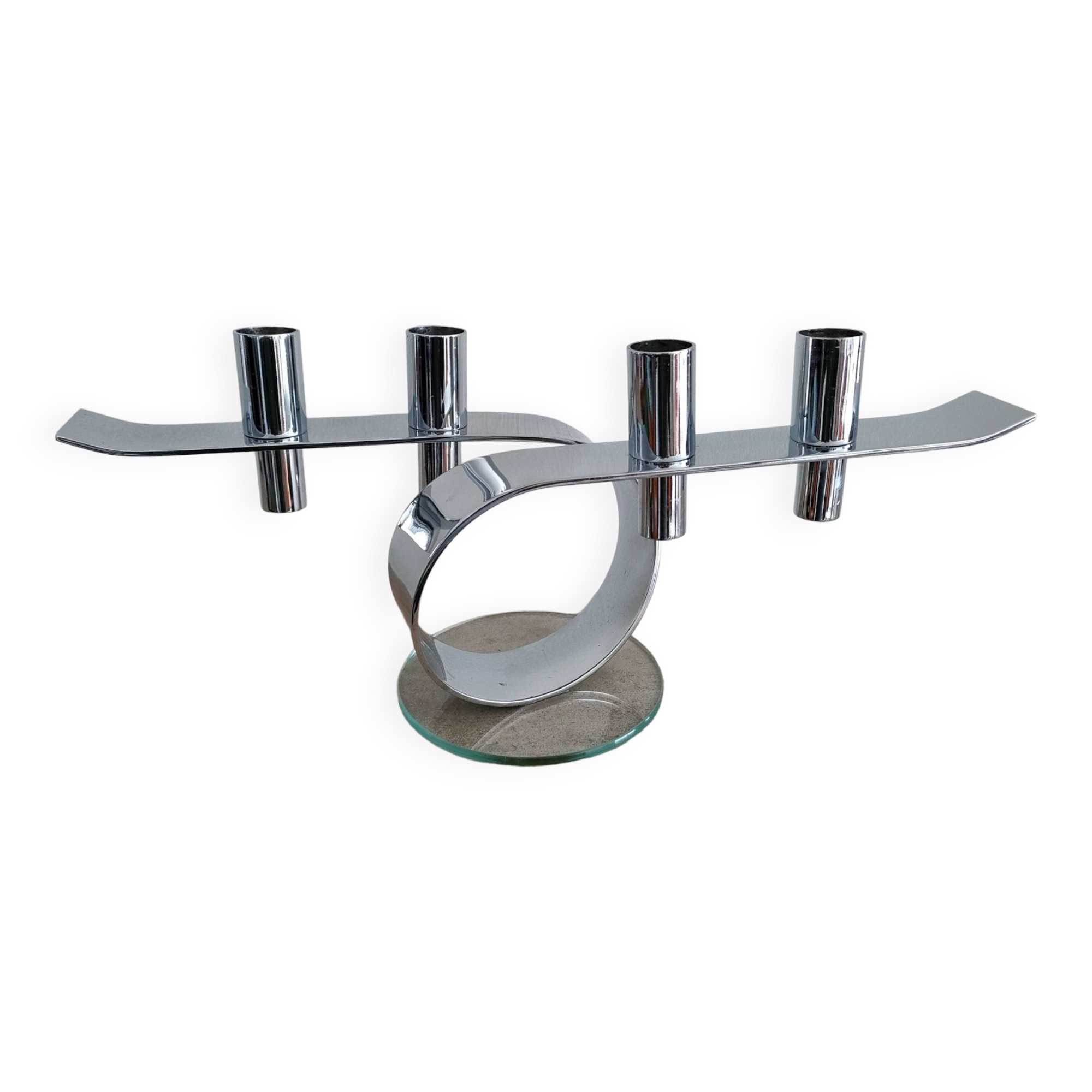 Design horizontal candlestick in chrome metal - four candles - France - 1980s