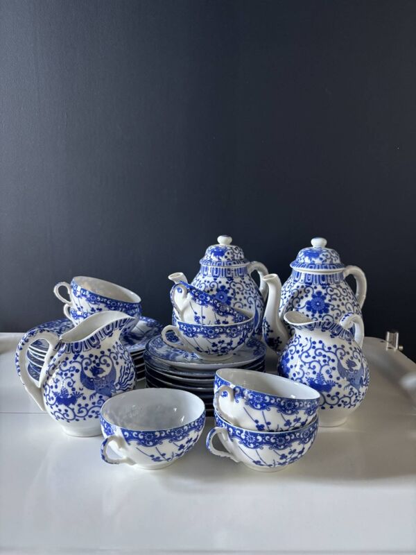 Service à thé japonais vintage porcelaine bleu & blanc 28 pièces — Nihon